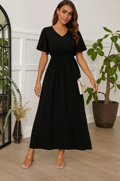 Lucky Life Kadın Kısa Kollu V Yakalı Beli Lastikli Uzun Viskon Elbise ürün görseli 1