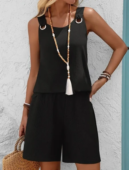 Lucky Life Kadın Askılı Yuvarlak Yaka Kuş Gözü Detaylı Bürümcük Bluz Ve Short Ikili Takım ürün görseli 1