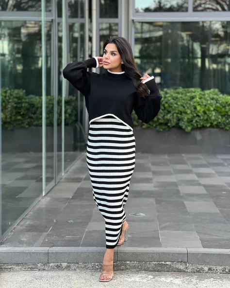 İkili triko elbise takım siyah beyaz ürün görseli