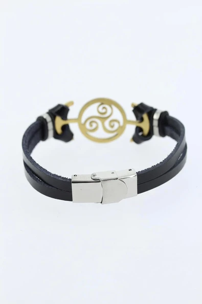 Gold Renk Metal Aksesuarlı Siyah Renk Deri Erkek Bileklik - 2