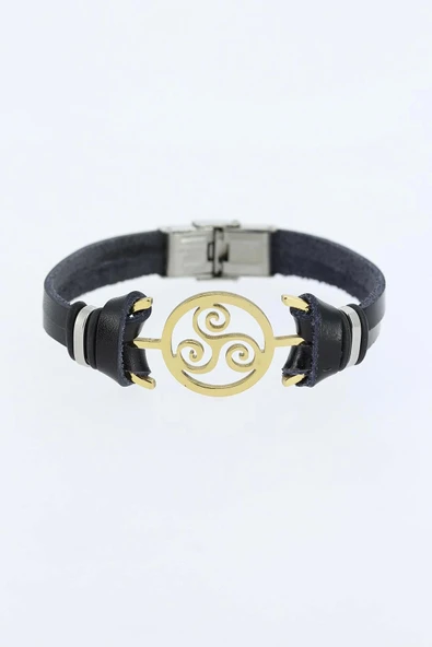 Gold Renk Metal Aksesuarlı Siyah Renk Deri Erkek Bileklik