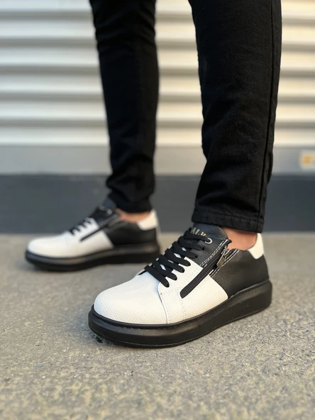 JY155 Warrior Bağcıklı ve Fermuarlı Cilt Erkek Günlük Sneaker Ayakkabı CST - Siyah/Beyaz - 2