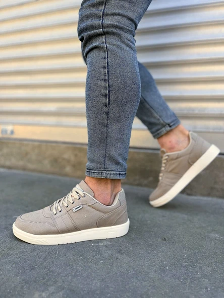 JY0118 REX Bağcıklı Keten Kumaş Erkek Günlük Sneaker Ayakkabı KKT - Bej - 3