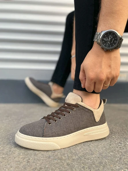 JY204 Flex Bağcıklı Keten Kumaş Erkek Günlük Sneaker Ayakkabı KKT - Kahverengi/Krem - 3