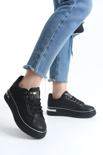 MINA Bağcıklı Ortopedik Taban Kadın Sneaker Spor Ayakkabı  CST - Siyah/Gümüş