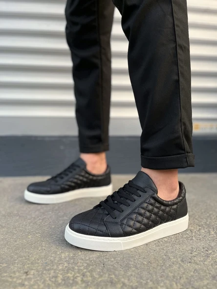 JY166 Prestige Bağcıklı Cilt Kapitone Desenli Erkek Günlük Sneaker Ayakkabı CBT - Siyah - 2