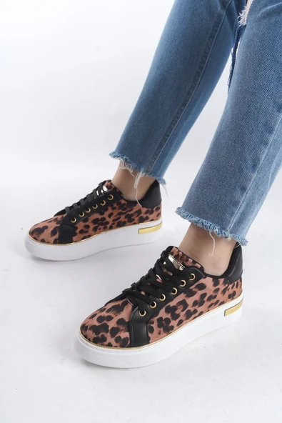MINA Bağcıklı Ortopedik Taban Leopar Desenli Kadın Sneaker Spor Ayakkabı  TBT - Kahverengi - 1