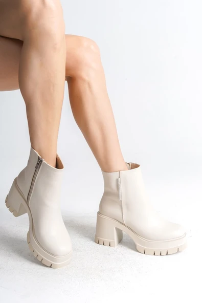 LISSE Fermuarlı Ortopedik Taban Kalın Topuklu Kadın Bot CKT - Krem - Resim 2