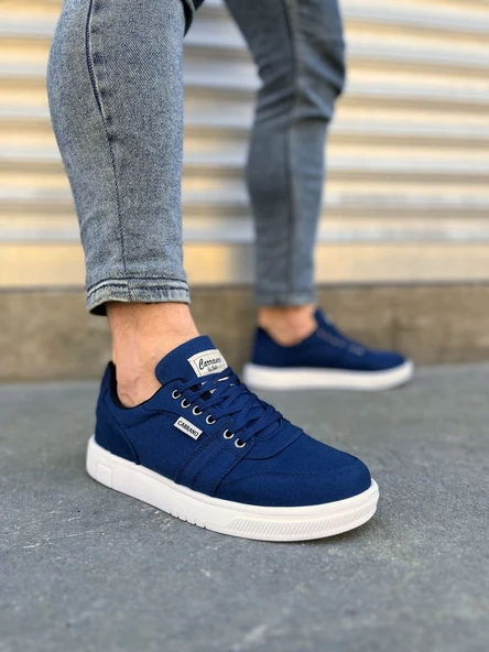 JY0118 REX Bağcıklı Keten Kumaş Erkek Günlük Sneaker Ayakkabı KBT - Lacivert - 1