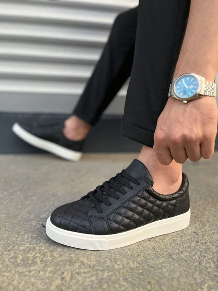 JY166 Prestige Bağcıklı Cilt Kapitone Desenli Erkek Günlük Sneaker Ayakkabı CBT - Siyah - 3