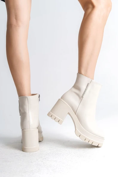 LISSE Fermuarlı Ortopedik Taban Kalın Topuklu Kadın Bot CKT - Krem - Resim 4