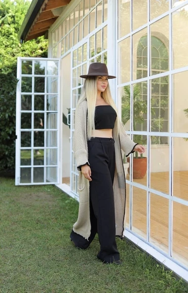 Uzun hırka çoban dikiş bej - Resim 2