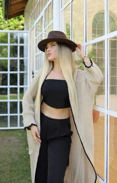 Uzun hırka çoban dikiş bej - Resim 3