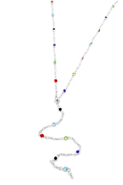 Renkli Taşlı Y Kolye - Gümüş ürün görseli 1