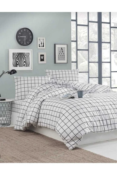 Kaan TEK KİŞİLİK BEYAZ KARELİ NEVRESİM TAKIMI 120*200 LASTİKLİ ÇARŞAFLI NEVRESİM TAKIMI