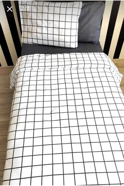 Gasel Home Çarşafı Lastikli Pamuklu Tek Kişilik Nevresim Takımı Kareli - Resim 2