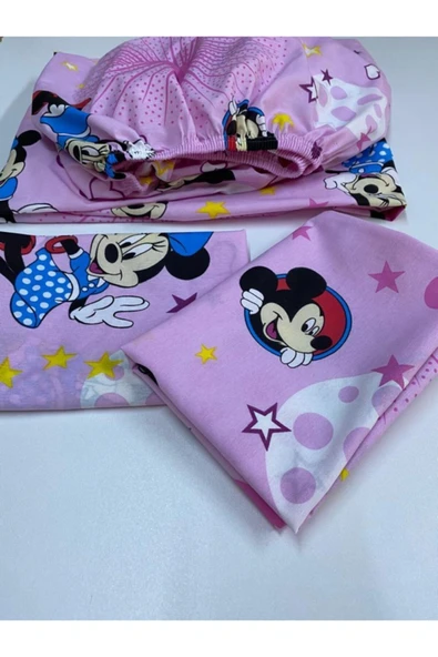Pınar Home Pembe Dokuma Mickey Mouse Lastikli Çarşaf Ara Boy 120x200 cm 1 Adet  Yastık Kılıfı - Resim 2