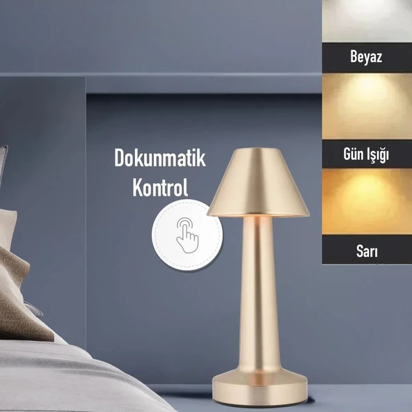 Çatı Model Gold Renk Şarjlı Dokunmatik 3 Renkli LED Masa Lambası - Resim 2