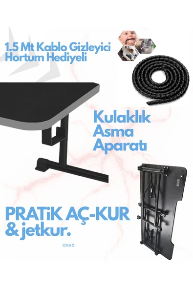 XMAX JetKur Siyah Bilgisayar Oyuncu Masası 160x70cm Sallanmaz Metal Ayaklı - Pratik Kurulum - Resim 2