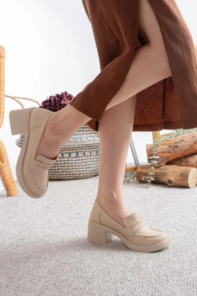 Kadın Victorya Krem Cilt 6 cm Topuklu Lofer Ayakkabı - 5