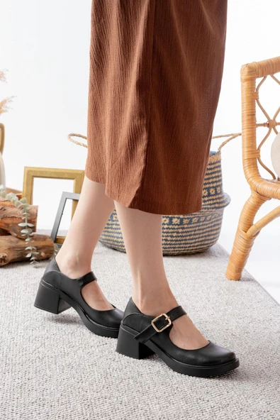 Kadın Sofya Siyah Cilt 6 cm Tek Baretli Topuklu Lofer Ayakkabı - 3