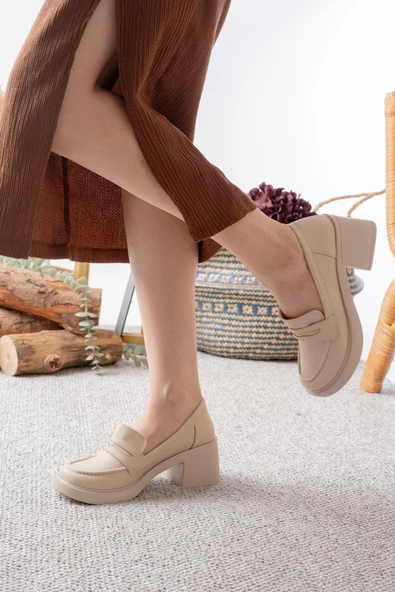 Kadın Victorya Krem Cilt 6 cm Topuklu Lofer Ayakkabı - 3