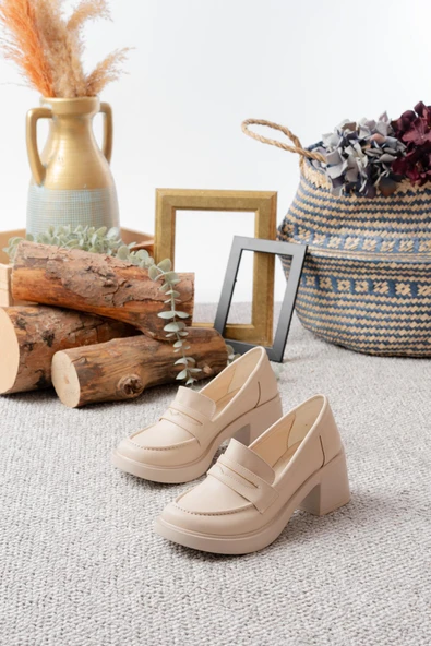 Kadın Victorya Krem Cilt 6 cm Topuklu Lofer Ayakkabı - 4