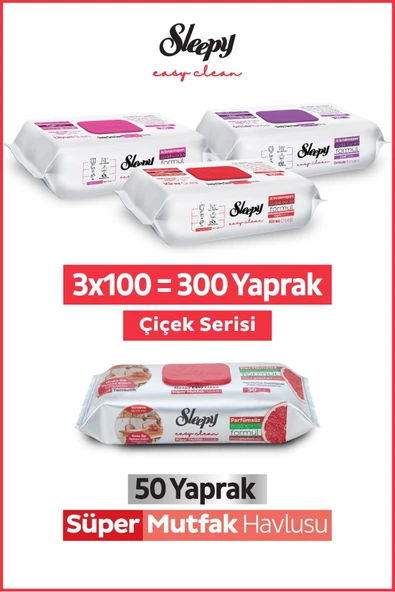 Sleepy Easy Clean Çiçek Serisi&Greyfurt Yağlı Süper Mutfak Yüzey Temizlik Havlusu&Mendili(3x100+50) ürün görseli