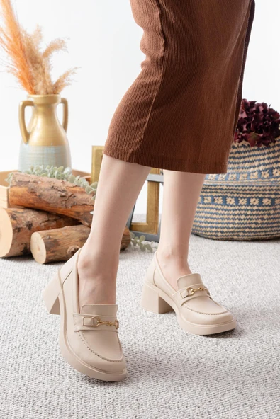 Kadın Tilda Krem Cilt İnce Toka Detaylı 6 cm Topuklu Lofer Ayakkabı - 2