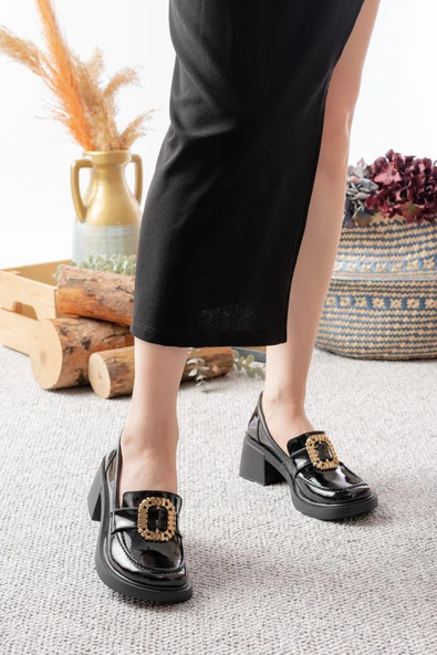 Kadın Aria Siyah Rugan Toka Detaylı 6 cm Topuklu Lofer Ayakkabı - 3