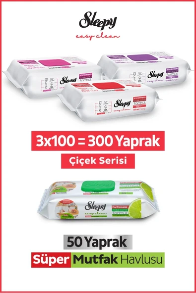 Sleepy Easy Clean Çiçek Serisi ve Bergamot Yağlı Süper Mutfak Temizlik Havlusu (3x100+50) ürün görseli