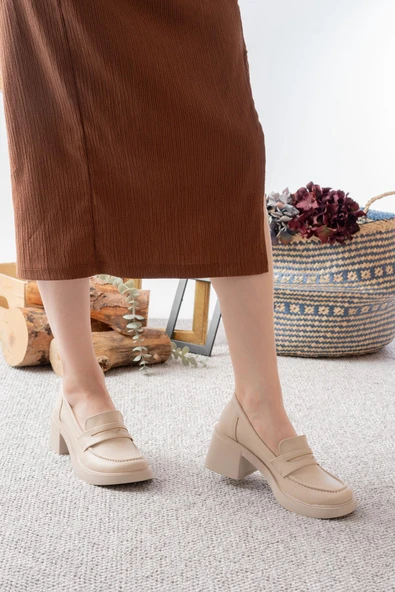 Kadın Victorya Krem Cilt 6 cm Topuklu Lofer Ayakkabı - 2