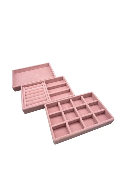 Süet Kumaş Pembe Renk 3 lü Takım Takı Sergileme Standı - 1