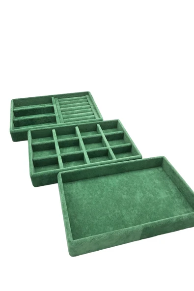 Süet Kumaş Yeşil Renk 3 lü Takım Çekmeçe İçi Takı Standı - 2