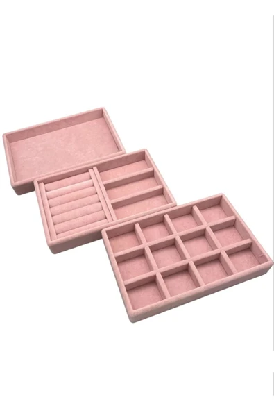 Süet Kumaş Pembe Renk 3 lü Takım Takı Sergileme Standı - 3