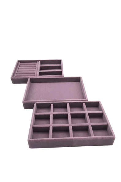 Süet Kumaş Lila Renk 3 Lü Takım Çekmeçe İçi Takı Standı ürün görseli