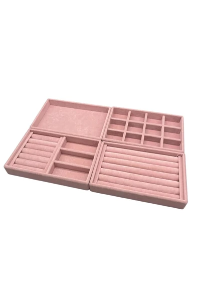 Süet Kumaş Pembe Renk 4 lü Takım Çekmeçe İçi Takı Standı ürün görseli