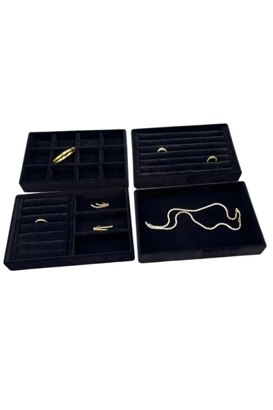 Süet Kumaş Siyah Renk 4 lü Takım Çekmeçe İçi Takı Standı ürün görseli