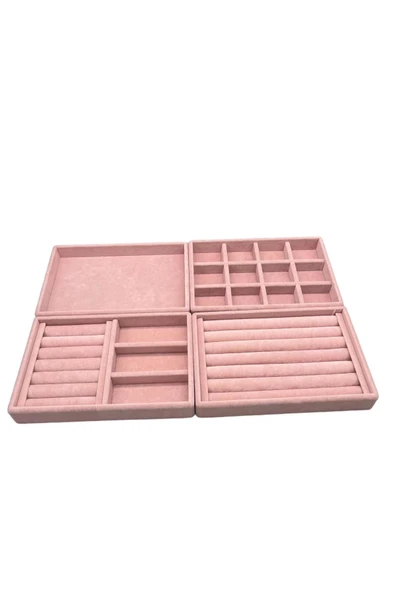 Süet Kumaş Pembe Renk 4 lü Takım Çekmeçe İçi Takı Standı - Resim 3