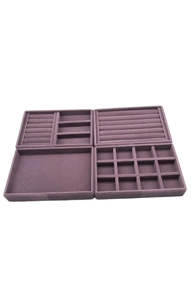 Süet Kumaş Lila Renk 4 lü Takım Çekmeçe İçi Takı Standı - Resim 3