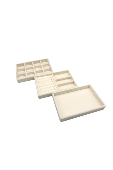 Süet Kumaş Krem Renk 3 lü Takım Çekmeçe İçi Takı Standı - Resim 2