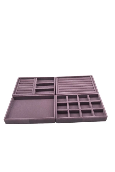 Süet Kumaş Lila Renk 4 lü Takım Çekmeçe İçi Takı Standı - Resim 2