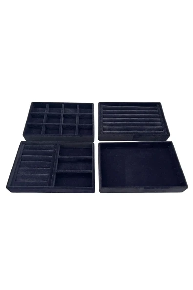 Süet Kumaş Siyah Renk 4 lü Takım Çekmeçe İçi Takı Standı - Resim 4