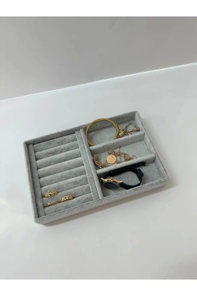 Süet Kumaş Gri Renk 3 Lü Takım Çekmeçe Içi Takı Standı - Resim 2