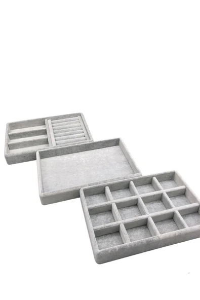 Süet Kumaş Gri Renk 3 Lü Takım Çekmeçe Içi Takı Standı - Resim 5