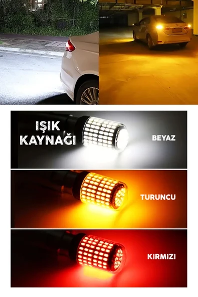 Oto LED Ampul 2'li Set - T20 Model 12V Beyaz, Turuncu, Fren, Park, Sinyal ve Geri Vites Lambası - Resim 2