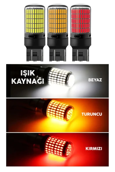 Oto LED Ampul 2'li Set - T20 Model 12V Beyaz, Turuncu, Fren, Park, Sinyal ve Geri Vites Lambası ürün görseli