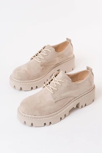 868-754 Bej Süet Bağcıklı Günlük Yüksek Tabanlı Loafer Ayakkabı - 3