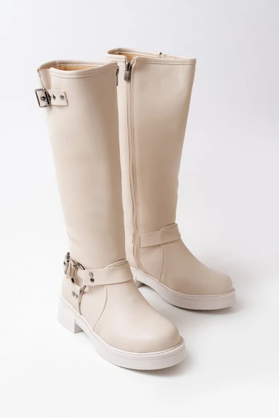 02-312 Bej Toka Aksesuarlı Fermuarlı Günlük Kadın Çizme - Resim 5