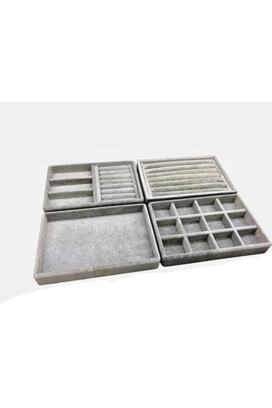Süet Kumaş Gri Renk 4 lü Takım Çekmeçe İçi Takı Standı ürün görseli